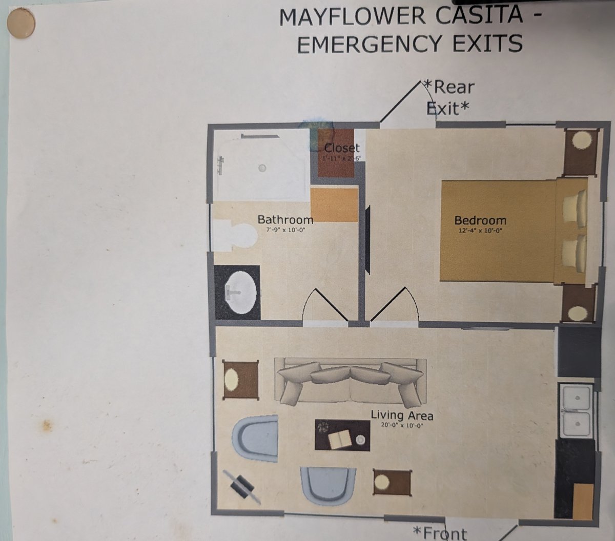 Casita floor plan showing bedroom, living area, and bathroom layout